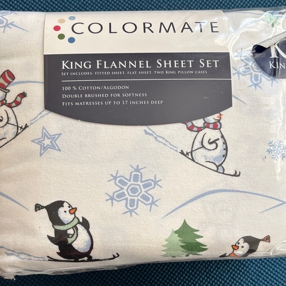 Colormate King Flannel Sheet Set - White with Red and Blue Snowman Design - Picture 3 of 4
